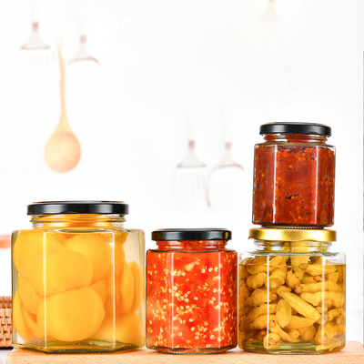 Food High Quality Customized Hexagon Shape Glass Jar for Honey Jams Food Storage with Lid